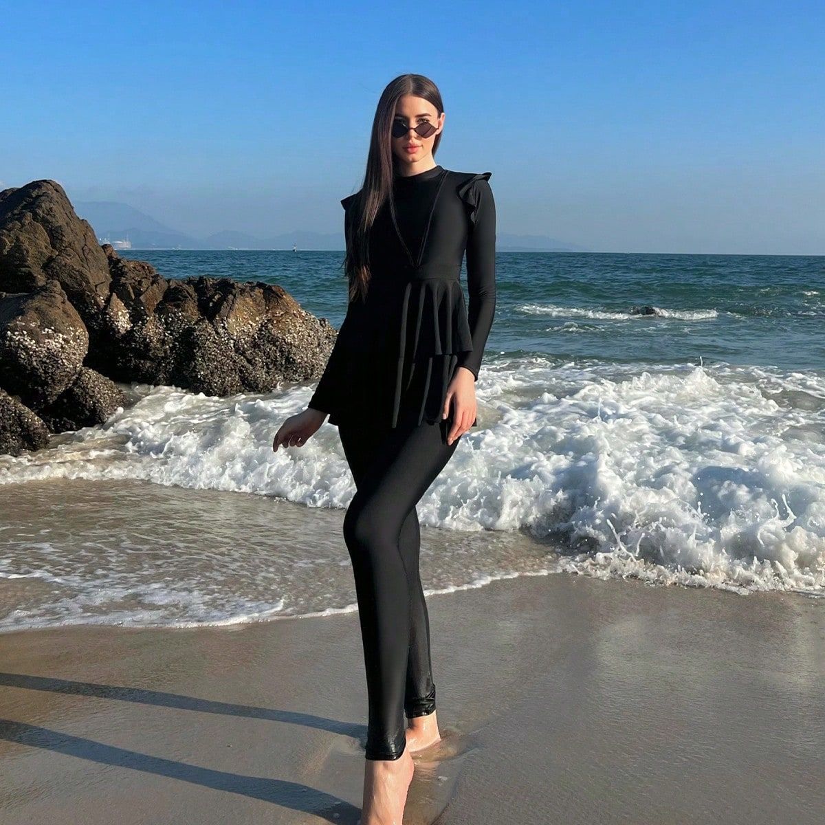 Women 2 Piece Ruffle Modest Swimsuit - Long Sleeves Conservative Bathing Suit